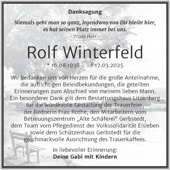Traueranzeige von Rolf Winterfeld von Trauerkombi Mansfelder Land