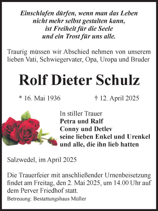 Traueranzeige von Rolf Dieter Schulz von Volksstimme Altmark West