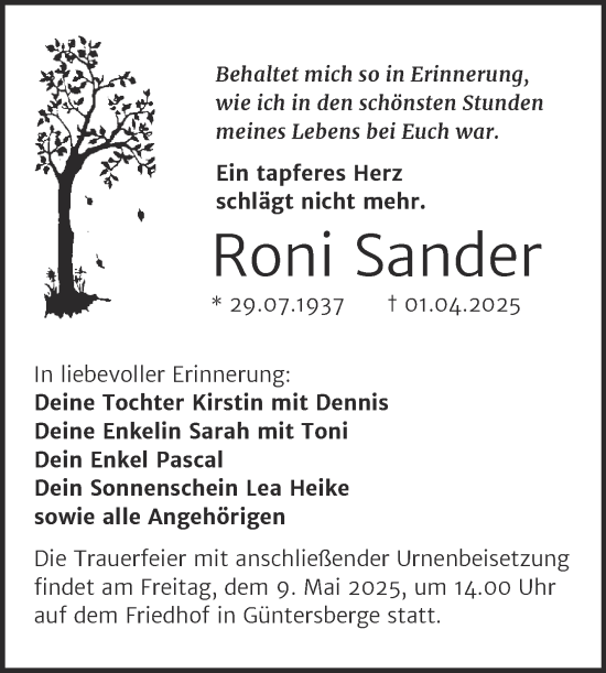 Traueranzeige von Roni Sander von Trauerkombi Quedlinburg