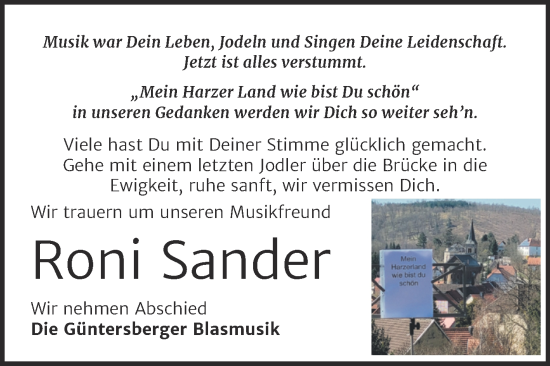 Traueranzeige von Roni Sander von Trauerkombi Quedlinburg