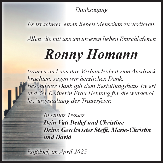 Traueranzeige von Ronny Homann von Volksstimme Burg/Genthin