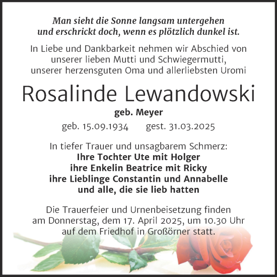 Traueranzeige von Rosalinde Lewandowski von Trauerkombi Mansfelder Land