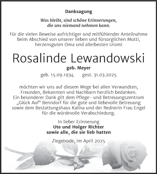 Traueranzeige von Rosalinde Lewandowski von Trauerkombi Mansfelder Land