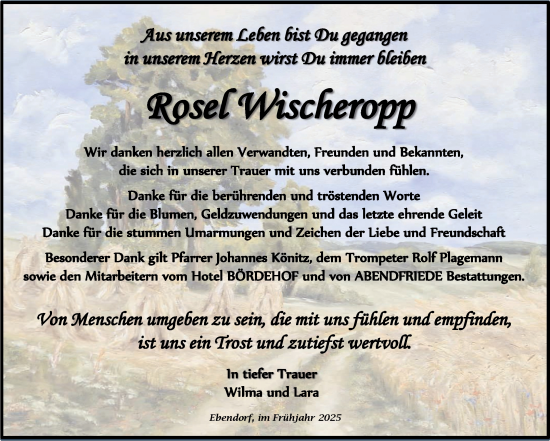Traueranzeige von Rosel Wischeropp von Volksstimme Haldensleben/Wolmirstedt