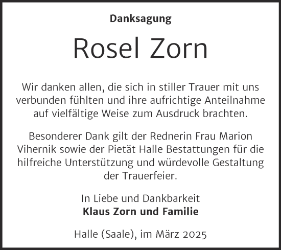 Traueranzeige von Rosel Zorn von Mitteldeutsche Zeitung Halle/Saalkreis