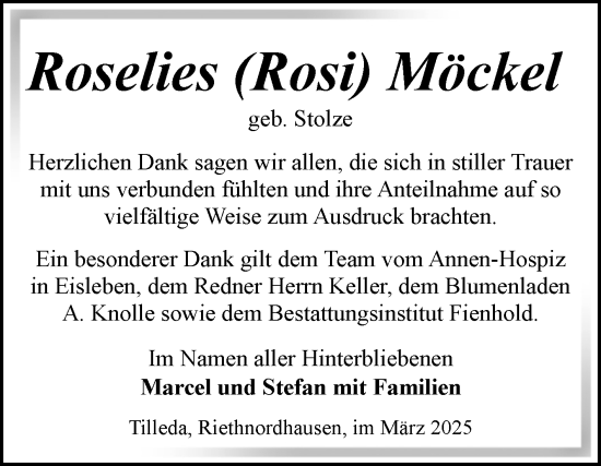Traueranzeige von Roselies Möckel von Trauerkombi Sangerhausen