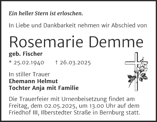Traueranzeige von Rosemarie Demme von Trauerkombi Bernburg
