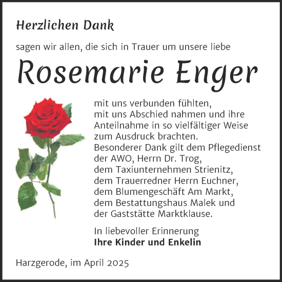 Traueranzeige von Rosemarie Enger von Trauerkombi Quedlinburg