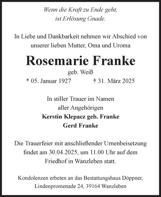 Traueranzeige von Rosemarie Franke von Volksstimme Oschersleben/Wanzleben