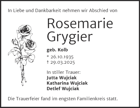 Traueranzeige von Rosemarie Grygier von Mitteldeutsche Zeitung Mansfelder Land