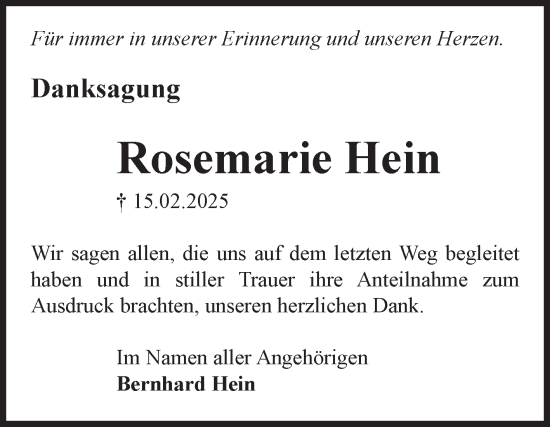 Traueranzeige von Rosemarie Hein von Volksstimme Magdeburg