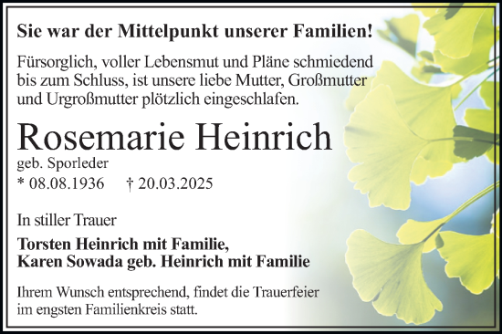 Traueranzeige von Rosemarie Heinrich von Trauerkombi Dessau