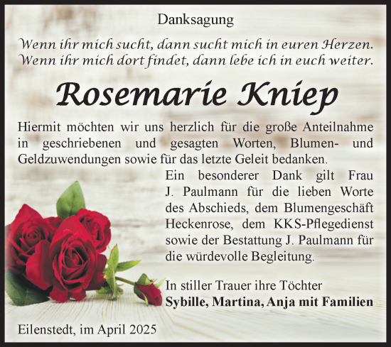 Traueranzeige von Rosemarie Kniep von Volksstimme Halberstadt