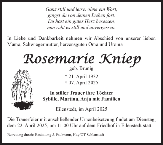 Traueranzeige von Rosemarie Kniep von Volksstimme Halberstadt