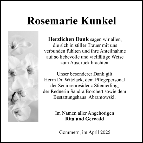Traueranzeige von Rosemarie Kunkel von Volksstimme Burg/Genthin
