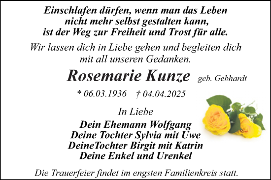 Traueranzeige von Rosemarie Kunze von Trauerkombi Dessau
