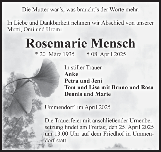 Traueranzeige von Rosemarie Mensch von Volksstimme Oschersleben/Wanzleben