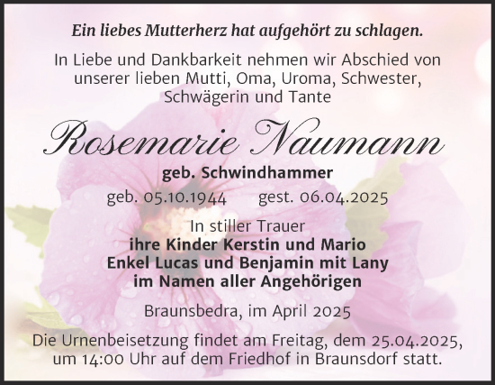 Traueranzeige von Rosemarie Naumann von Trauerkombi Merseburg