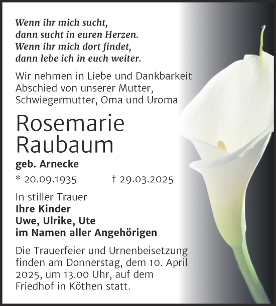 Traueranzeige von Rosemarie Raubaum von Trauerkombi Köthen