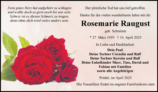 Traueranzeige von Rosemarie Raugust von Volksstimme Burg/Genthin