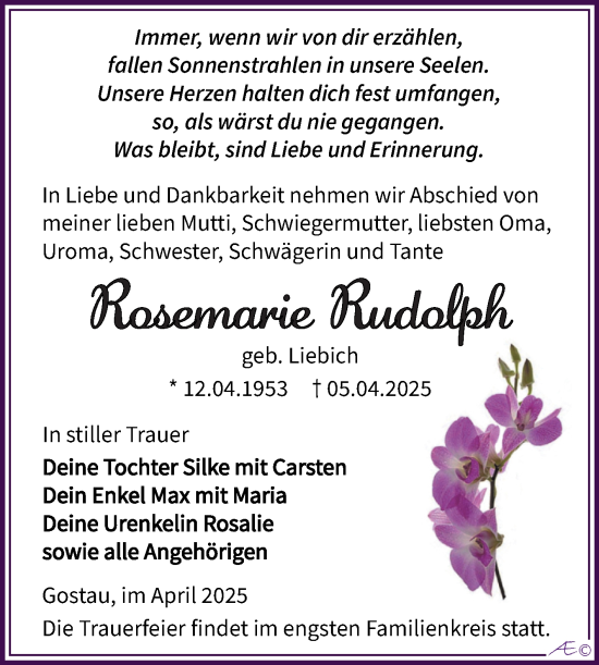 Traueranzeige von Rosemarie Rudolph von Trauerkombi Weißenfels
