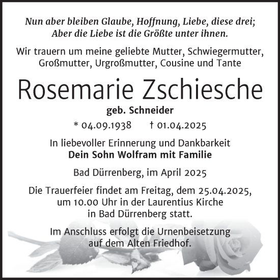 Traueranzeige von Rosemarie Zschiesche von Trauerkombi Merseburg