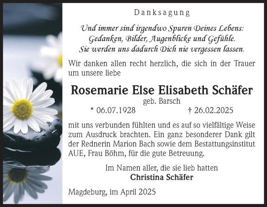 Traueranzeige von Rosemarie Else Elisabeth Schäfer von Volksstimme Magdeburg