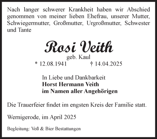 Traueranzeige von Rosi Veith von Volksstimme Wernigerode