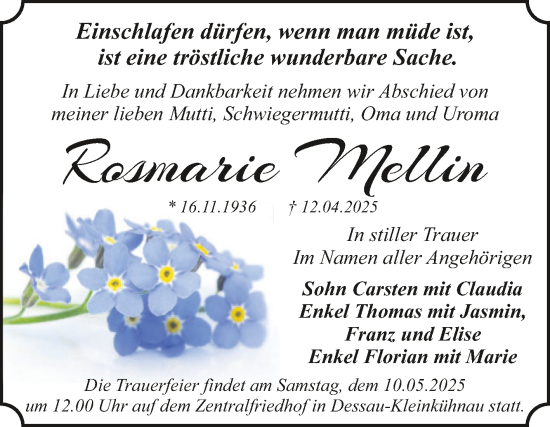 Traueranzeige von Rosmarie Mellin von Trauerkombi Dessau