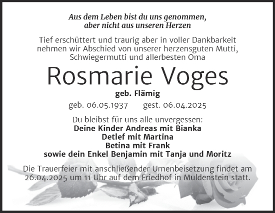 Traueranzeige von Rosmarie Voges von SuperSonntag Bitterfeld