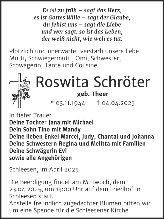 Traueranzeige von Roswita Schröter von Trauerkombi Wittenberg