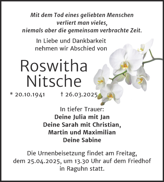 Traueranzeige von Roswitha Nitsche von Trauerkombi Bitterfeld