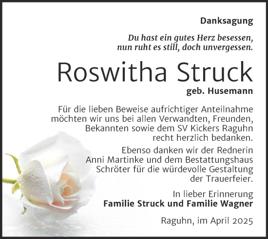 Traueranzeige von Roswitha Struck von Trauerkombi Bitterfeld
