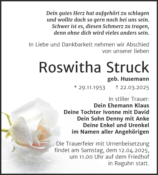 Traueranzeige von Roswitha Struck von Trauerkombi Bitterfeld