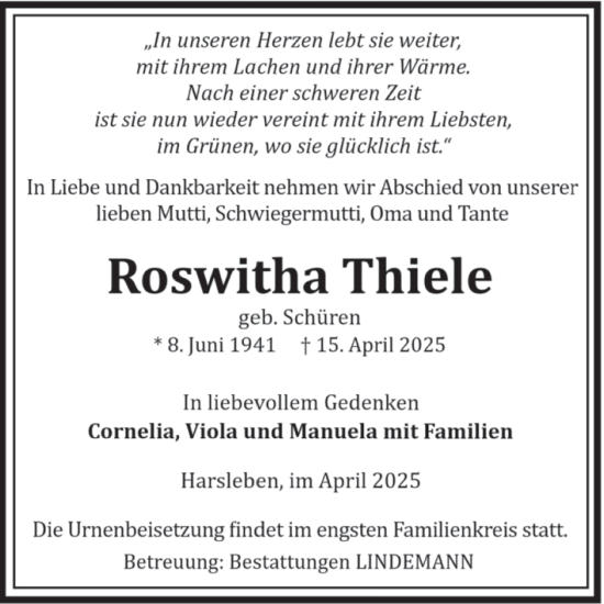 Traueranzeige von Roswitha Thiele von Volksstimme Halberstadt