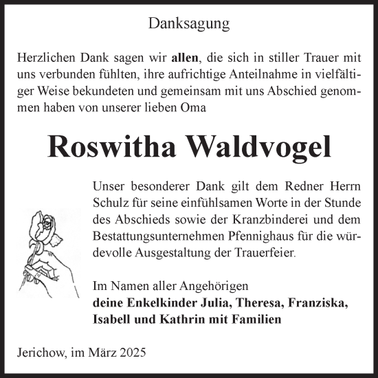 Traueranzeige von Roswitha Waldvogel von Volksstimme Burg/Genthin