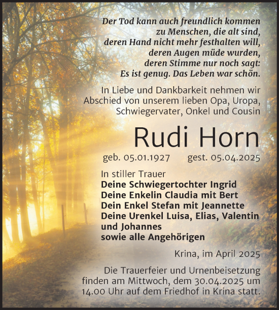 Traueranzeige von Rudi Horn von Trauerkombi Bitterfeld