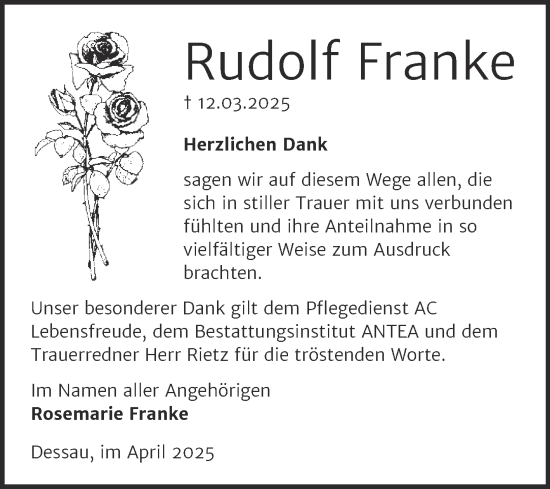 Traueranzeige von Rudolf Franke von Trauerkombi Dessau
