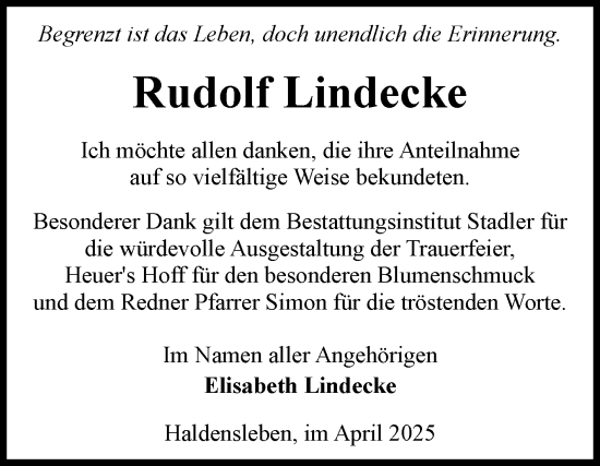 Traueranzeige von Rudolf Lindecke von Volksstimme Haldensleben/Wolmirstedt