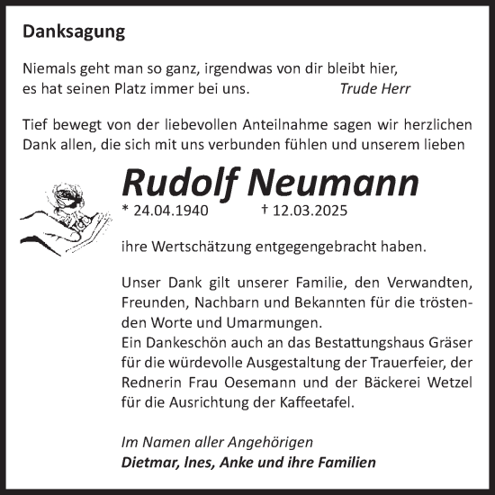 Traueranzeige von Rudolf Neumann von Volksstimme Altmark Ost