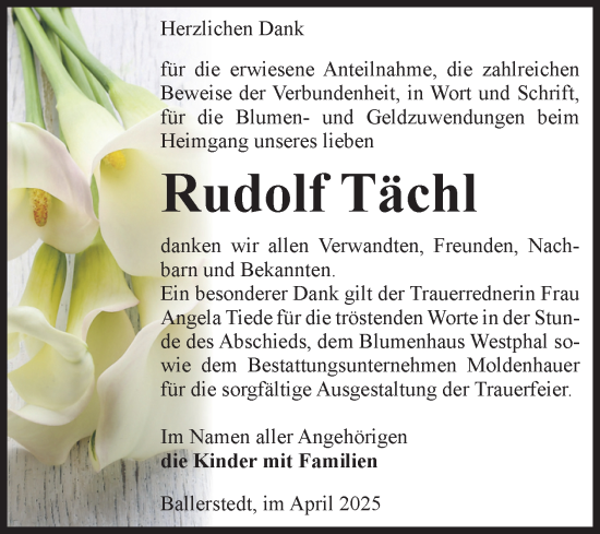 Traueranzeige von Rudolf Tächl von Volksstimme Altmark Ost