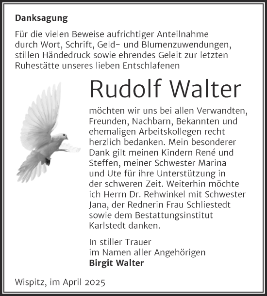 Traueranzeige von Rudolf Walter von Super Sonntag Bernburg
