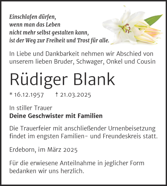 Traueranzeige von Rüdiger Blank von Trauerkombi Mansfelder Land