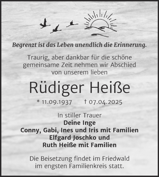 Traueranzeige von Rüdiger Heiße von Trauerkombi Sangerhausen