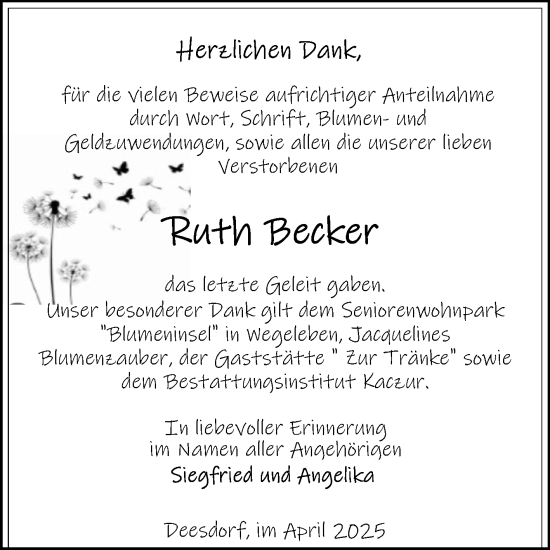 Traueranzeige von Ruth Becker von Volksstimme Halberstadt