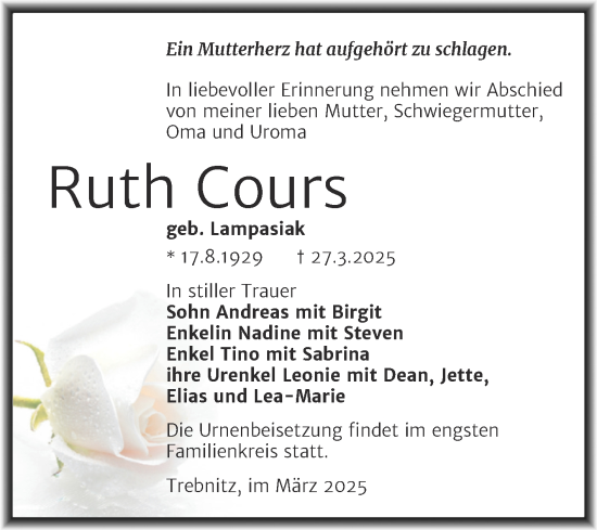 Traueranzeige von Ruth Cours von Trauerkombi Weißenfels