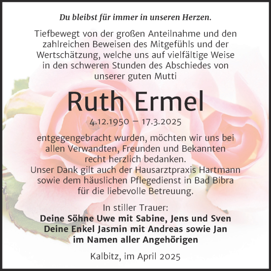 Traueranzeige von Ruth Ermel von Super Sonntag Naumburg/Nebra