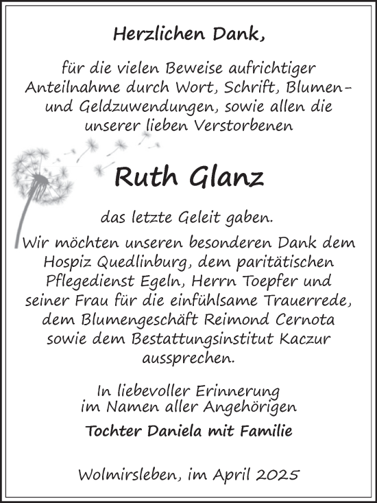 Traueranzeige von Ruth Glanz von Volksstimme Staßfurt