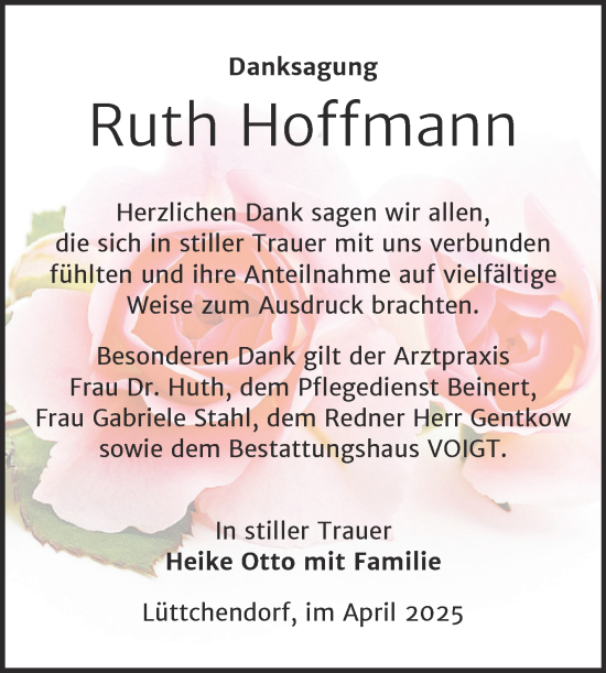 Traueranzeige von Ruth Hoffmann von Trauerkombi Mansfelder Land