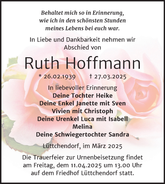 Traueranzeige von Ruth Hoffmann von Trauerkombi Mansfelder Land